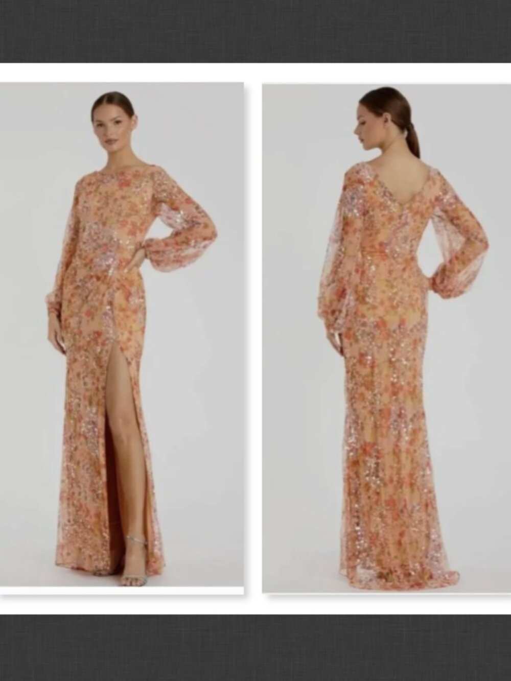 Mac Duggal 93547 FLORAL PRINT SEQUINED PUFF SLEEVE GOWN Apricot Size 8